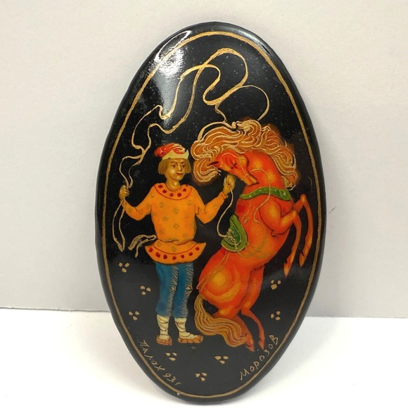 Vintage Russian Lacquer Brooch Lapel Pin Horse Man Hand Painted 2.5 in L - Picture 1 of 6